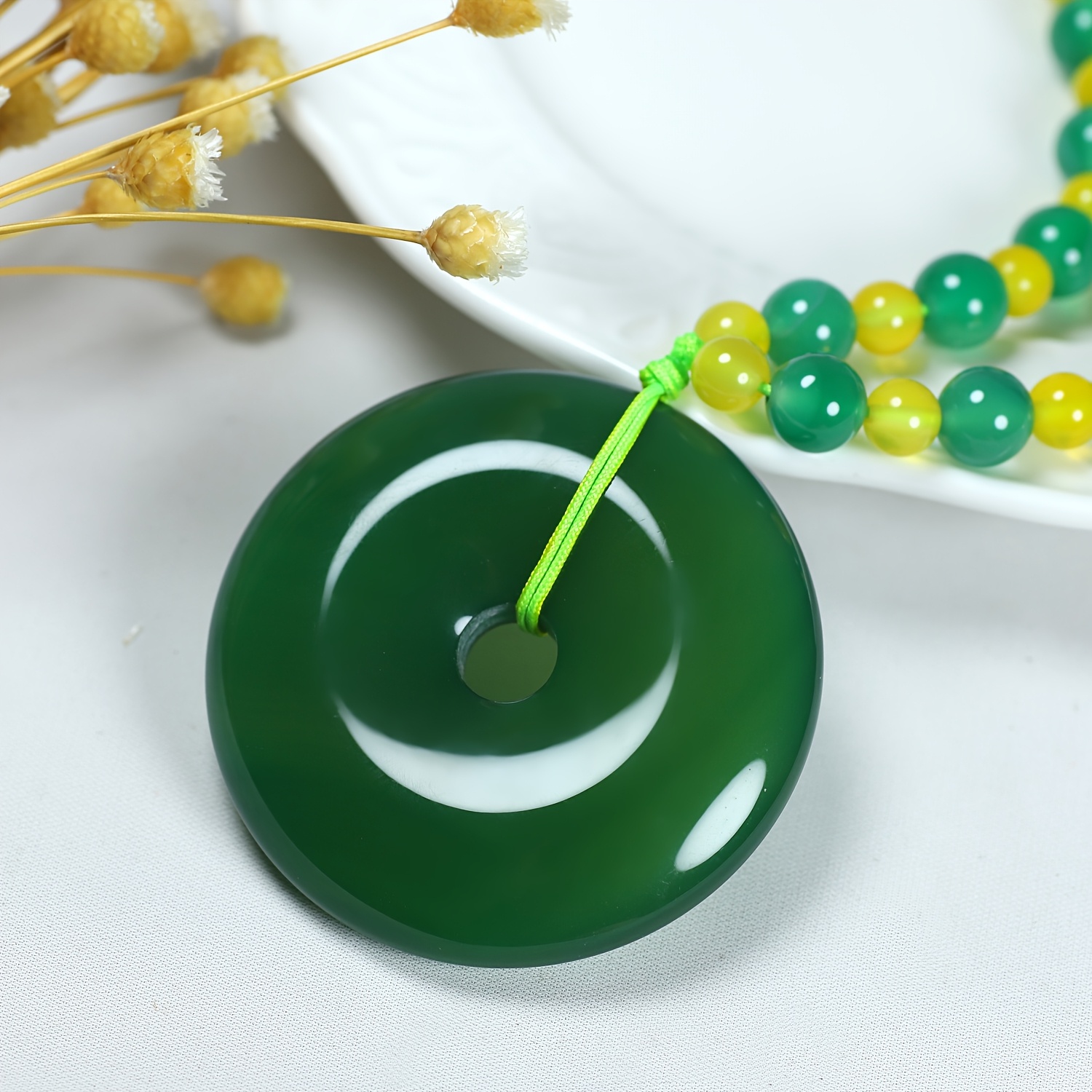Natural Green Agate Peace Buckle Pendant Necklace for Couples